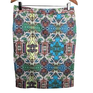 CHARTER CLUB Size 8 Colorful Aqua Teal Pencil Skirt Multi-Color Batik Pattern